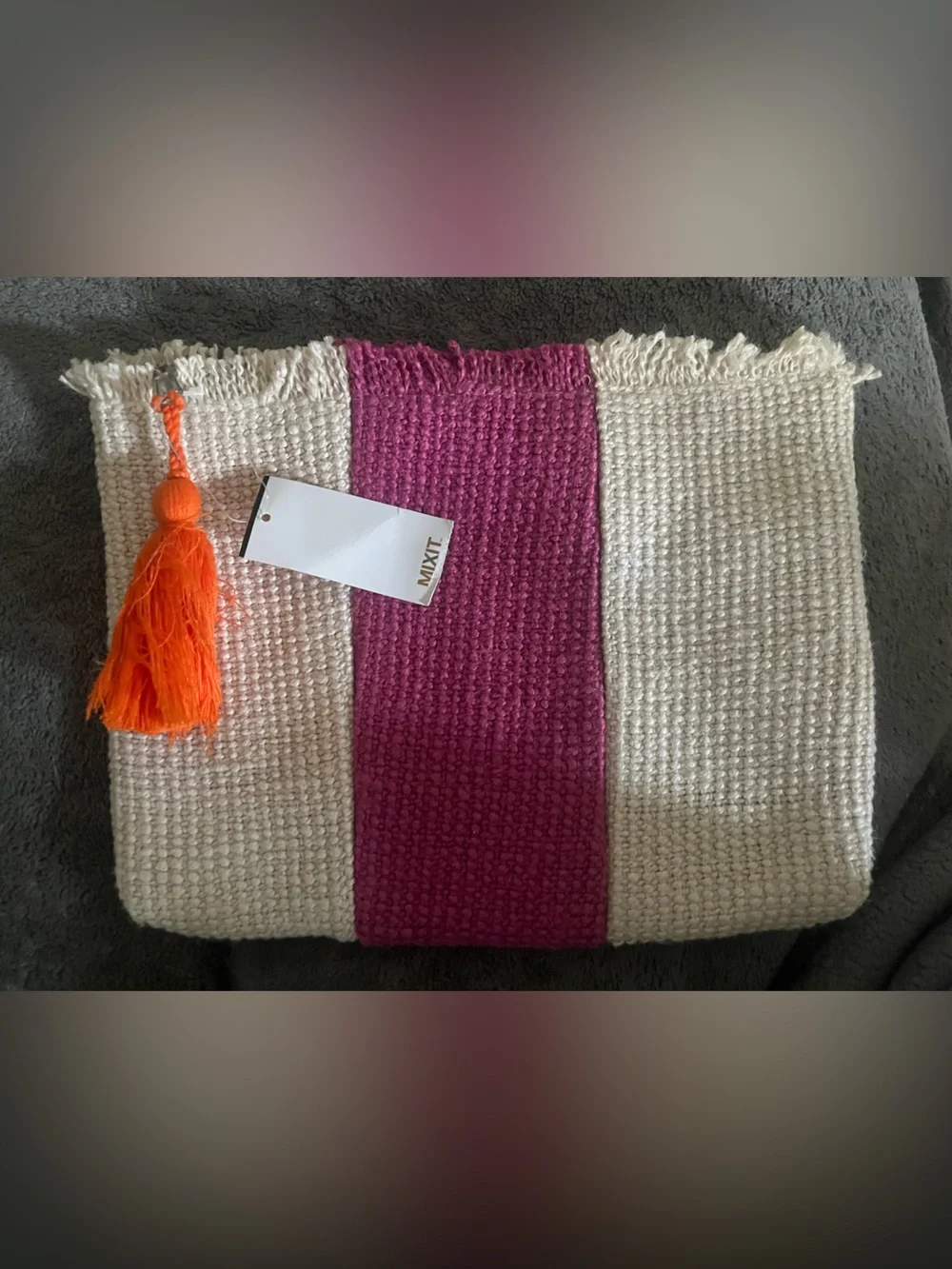 Mixit Cream & Magenta Woven Clutch with Orange Tassel Accent
